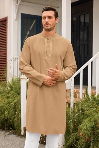 Runcati Mens Kaftan Thobe Button Down Casual Henley Shirts Long Sleeve Robe Cotton Linen Muslim Gown Shirt - color: Khaki, size: Medium
