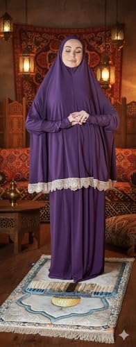 Women's Prayer Dress 2 Pieces Solid Color Plus Long Sleeve | One-Size | Hijab Abaya Suit - color: Purple