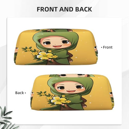 Cartoon Muslim Girl print Pencil Bag waterproof Zipper Pencil Case Leather Pen Box Cosmetic Bag For Office Pencil - color: Silver