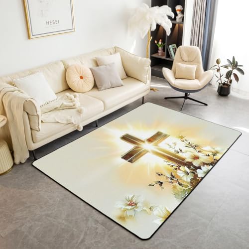Homewish God Kids Area Rug,Faith Inspired Western Bible Verse Indoor Floor Mat Entrance Rug for Girls Boys,Flowers Leaf Spring Garden Non Slip Rug,Golden Couch Living Room Decor,3'x5' - color: Golden, size: 3'3" x 4'11" (Rectangular)