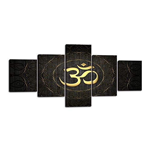 Yatsen Bridge 5 Pieces Om Symbol Canvas Painting Golden Pattern On Black Ornate Indian Yoga Circle Wall Decor Abstract Buddha Prints Picture for Living Room Bedroom Framed Ready to Hang (50" Wx24 H) - color: Artwork-14, size: 50''Wx24''H