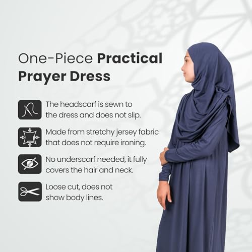 ihvan online Muslim Dress for Girls, Long Sleeve One-Piece Islamic Prayer Dress, Hijab for Kids, Girls Abaya, Islamic Gifts - color: Navy Blue