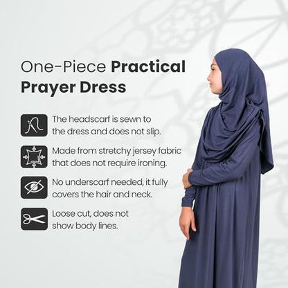 ihvan online Muslim Dress for Girls, Long Sleeve One-Piece Islamic Prayer Dress, Hijab for Kids, Girls Abaya, Islamic Gifts - color: Navy Blue