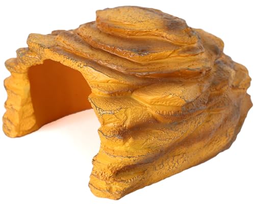 Resin Reptile Hideout,Large Rock Cave Habitat Decor for Reptile and Amphibians.Rock Basking Platform,Terrarium & Aquarium Decor for Bearded Dragons,Lizards,Snakes,Turtles,Gecko,Tortoises,Small Animals - style: Large Size ( Yellow)