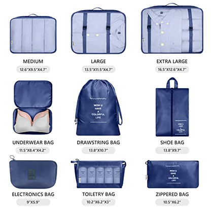 Mossio 9 Set Packing Cubes with Shoe Bag & Electronics Bag - Luggage Organizers Suitcase Travel Accessories - color: Navy Blue