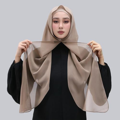 Instant Chiffon Hijab Set 3-in-1 Scarf with Built-in Magnets and Undercaps Head Wraps with Model Cap - color: Light Khaki