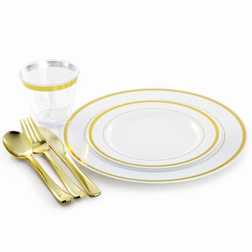 Elama 150 Piece Disposable Plastic Dinnerware Party Set for 25 Guests in White with Gold Trim - color: Gold