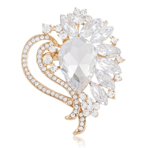 LAXPICOL Vintage Austrian Crystal Elegant Heart Flower Brooch Pin For Women Wedding Broach Pin - color: white-gold