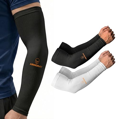 ARMORAY Arm Sleeves for Men and Women - UV Sun Protection Cooling Compression - Tattoo Cover Up Sleeve for Daily Wear & Work - color: Black 1 Pair + White 1 Pair (2 Pairs)