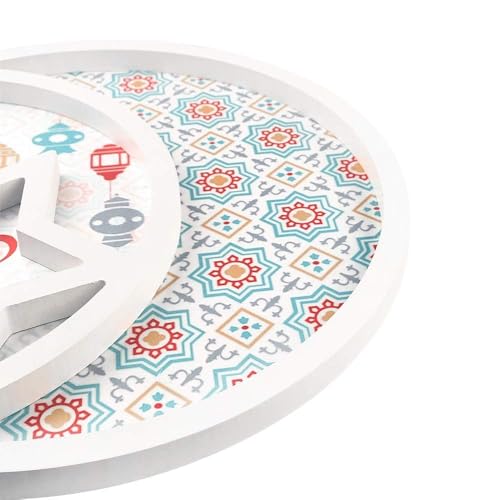 Ramadan Decorative Serving Tray, 11.8 inch Round Dessert Platter, Islamic Festival Moon Star Design, White