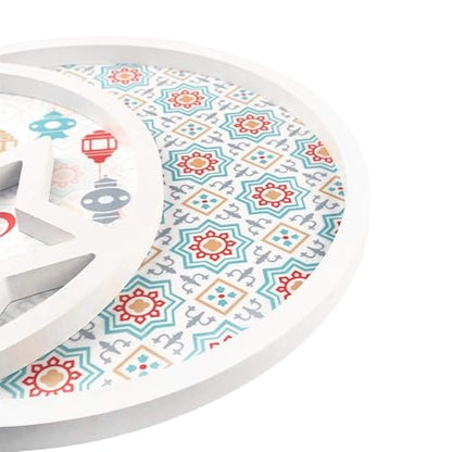 Ramadan Decorative Serving Tray, 11.8 inch Round Dessert Platter, Islamic Festival Moon Star Design, White