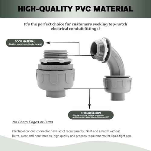 4 Pack 1-1/4 Inch Liquid Tight Connectors - PVC Electrical Conduit Fittings, Straight, 90 and 180 Degree Non-Metallic Flexible Connectors for Home, Bathroom, and Kitchen, Gray - size: 1-1/4 Inch 4-Pack (90D+180D)