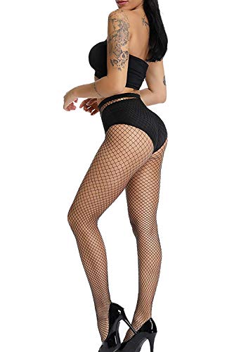E-Laurels Womens High Waist Patterned Fishnet Tights Suspenders Pantyhose Thigh High Stockings Black - color: Black M Hole