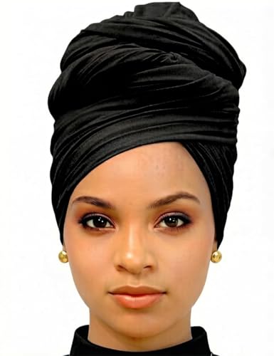 Harewom Head Wraps for Black Women Stretch Head Scarf Long African Hair Wraps Turban Headwraps Jersey Headbands - color: 1pcs -Black