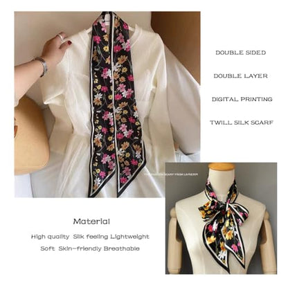 Silk Feeling Head Scarf Fashion Satin Hair Scarf Square Long Scarves for Women Gifts - color: 02 Black Flower 5.12 X 59 Inch