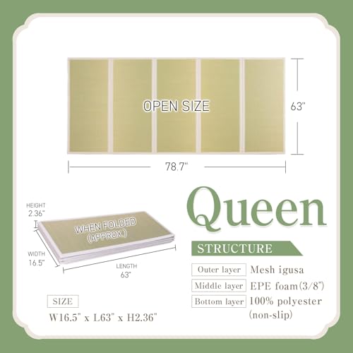 Tatami Mat – Foldable Japanese Tatami Mat Igusa Mattress, Rush Grass Floor Sleeping Futon, Meditation Yoga Zen Tatami, Queen XL by BJDesign - size: Queen XL