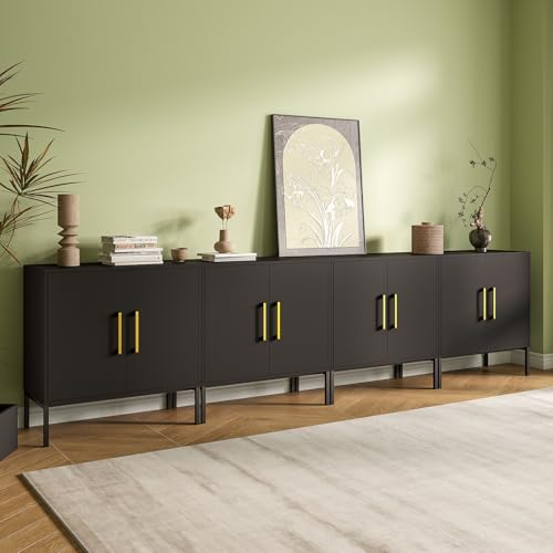 4 Set of Storage Buffet Cabinet with Gold Handles and Metal Legs, Black丨Freestanding Sideboard, Modern Wooden Side Cabinets for Bedroom, Living Room, Kitchen, Office and Hallway - color: Black, size: 4PC