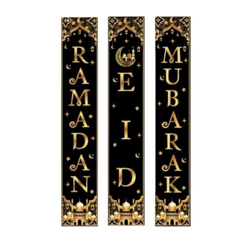 KYMY Ramadan Eid Mubarak Porch Banners Set – 3PCS Muslim Ramadan Kareem Door Hanging Signs 70.9 x 11.8 Inch, Islamic Arabic Vertical Porch Decorations for Ramadan, Eid & Hajj Festival - color: Gold