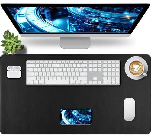Bloss Desk Mat with Stitched Edges, Leather Large Mouse Pad, Non-Slip Desk Protector Mat, Desk Blotter, Waterproof Desk Pad for Office Home Decor/Black(31.5×15.7 Inches) - color: Black-stitched Edges, size: 31.5" x 15.7"