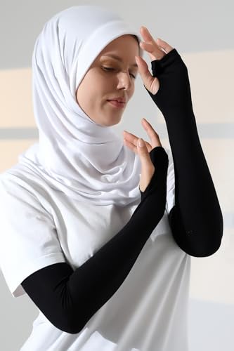 ihvan online, Hijab Sleeves for Women, Muslim Arm Sleeve for Prayer, Women's Soft Stretchy Modest Sleeves to Cover Arms - color: Black-model 2