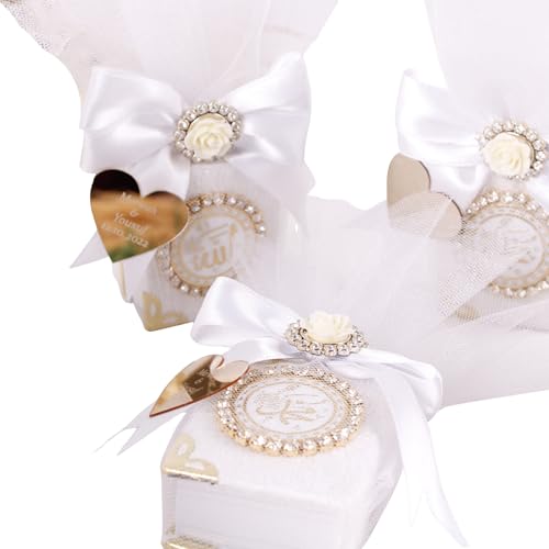IEF Pack of 5 Personalized Mini Quran Islamic Party Favors, Velvet Mini Quran Decorated with Tulle Islamic Muslim Gift for Special Occasions