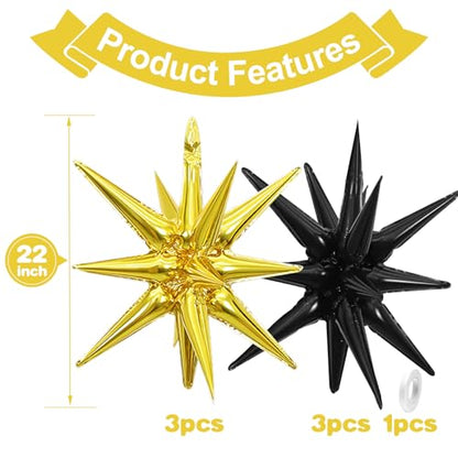 Black Gold Star Balloons, 6PCS 22 Inch Foil Explosion Star Balloons - color: Gold Black