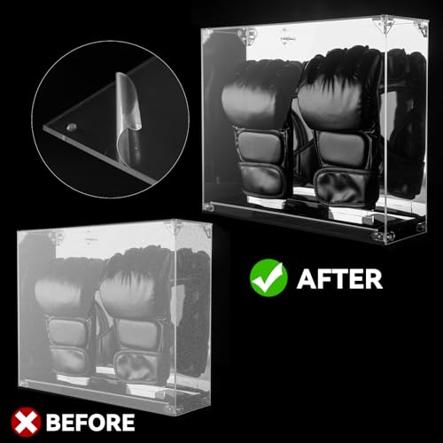MMA Glove Display Case with Mirror Back, 2 Glove Holder, Acrylic Kickboxing Sparring Glove Half Finger Boxing Glove Display Case with Solid Base Stand, Watch The Video to Assemble