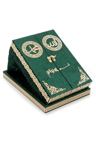 Special Design Quran Velvet Box with Stand with Allah and Muhammad Written | Special Quran Holder Stand | Islamic Gift | Perfect Ramadan,Eid,Birthday,Umrah Gift for Muslim Women Men Child (Green) - color: Green