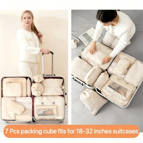 Packing Cubes for Travel - 7 Set Luggage Organizer Bags for Family, Mesh Breathable Travel Packing Cubes for Suitcases Durable Essentials Bags Set with Large Toiletries Bag(Beige)