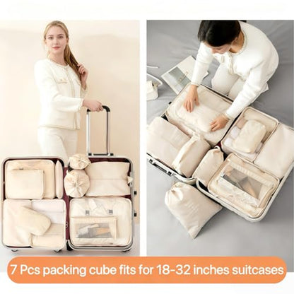 Packing Cubes for Travel - 7 Set Luggage Organizer Bags for Family, Mesh Breathable Travel Packing Cubes for Suitcases Durable Essentials Bags Set with Large Toiletries Bag(Beige)