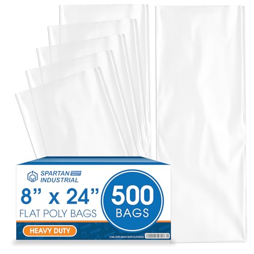 8" X 24" Open-End Flat Clear Poly Bags (500 Count) - 2 Mil | Clear Plastic Bags for Packaging, Shipping, Storage - No Adhesive Strip - Spartan Industrial - size: 8” X 24”