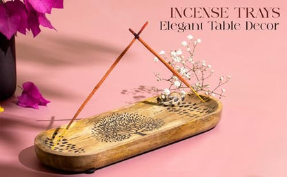 Incense Holder for Sticks Hand Carved - Tree of Life - Incense Burner/Ash Catcher- Handmade Wooden Insence Tray – Modern Gift Home/Room/Kitchen Décor 11x4x1.5 Inch - style: LIFE TREE BROWN
