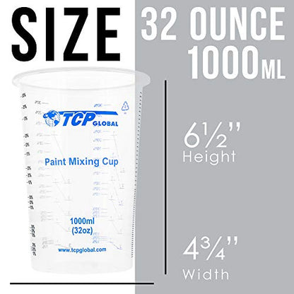 TCP Global 32 oz. (1000ml) Graduated Plastic Mixing Cups (Box of 25) - Disposable Plastic Measuring Cups for Liquids, Paints, Resin, Epoxy, Art, Kitchen - Ratios 2-1, 3-1, 4-1 ML