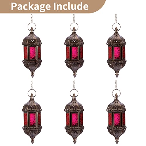 6 Pcs Hanging Hexagon Decorative Moroccan Candle Lantern Holders, Handmade Hanging Tea Light Holder in Bronze Metal & Red & Purple Glass Gift & Decor Items | Hexagon Metal Frames, Red & Purple & Yellow Glass Panels, Handmade Look, for Weddings, Parties, D