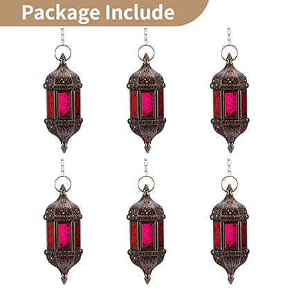 6 Pcs Hanging Hexagon Decorative Moroccan Candle Lantern Holders, Handmade Hanging Tea Light Holder in Bronze Metal & Red & Purple Glass Gift & Decor Items | Hexagon Metal Frames, Red & Purple & Yellow Glass Panels, Handmade Look, for Weddings, Parties, D