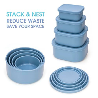 100% Silicone Food Storage Containers with Lids, 8 Pack, 10oz to 51oz, Reusable Leakproof Nesting & Stackable Silicone Bento Lunch Box, Microwave Freezer Dishwasher Oven Safe, BPA Free, Slate Blue - color: Slate Blue | 8 Pack