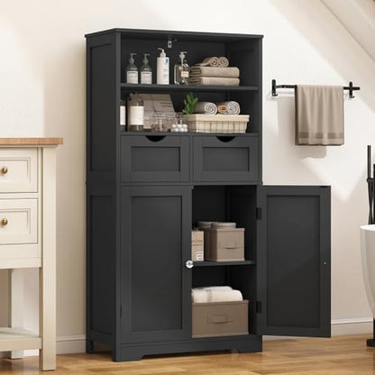 Iwell Tall Storage Cabinet, Black Storage Cabinet & Adjustable Shelves, Bathroom Cabinet for Living Room, Dining Room, Entryway, Black - color: Black, 2 Drawers