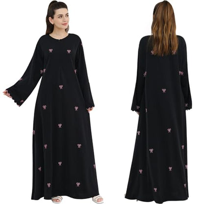 Abaya Dress for Muslim Women Bow Front Zipper Side Pockets Ramadan Eid Robe - color: Black, size: X-Large