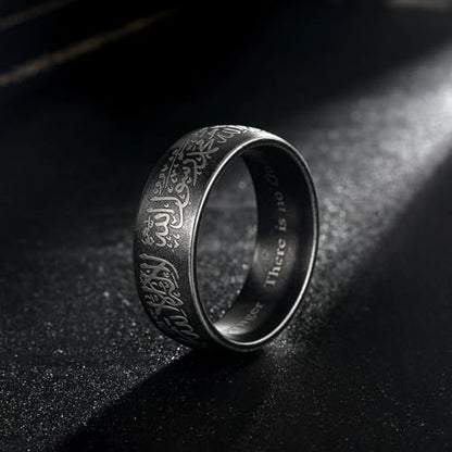 Hipunk Stainless Steel Islamic Muslim Shahada Ring - Mohammad Arabic Letter Rings Band Prayer Religious Calligraphy Ayatul Kursi Allah Rings Eid Ramadan for Men Women Size 9-12 - color: Retro black