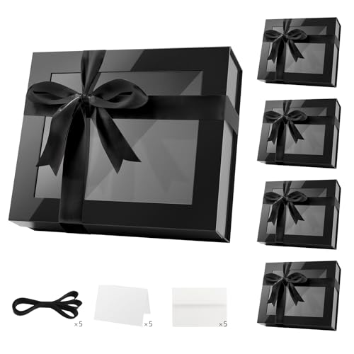 PACKQUEEN 5 Extra Large Magnetic Black Gift Boxes with Window 16.3x14.2x5In - color: Black-16.3x14.2x5 Inches-Pack of 5