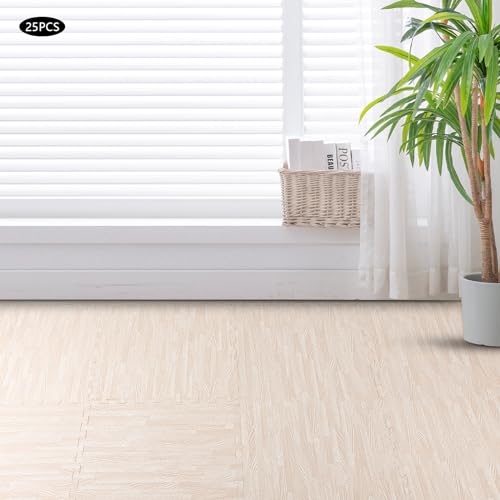 Patchwork Foam Mat - Interlocking Floor Mats - Wood Grain Puzzle Exercise Mat Protective Flooring - Cushioned Workout Flooring for Home Playroom Basement, Apartment, Trade Show, Baby (White)