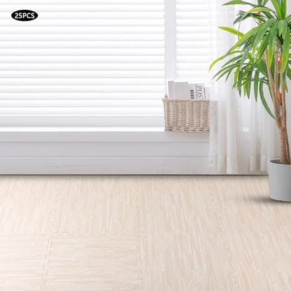 Patchwork Foam Mat - Interlocking Floor Mats - Wood Grain Puzzle Exercise Mat Protective Flooring - Cushioned Workout Flooring for Home Playroom Basement, Apartment, Trade Show, Baby (White)