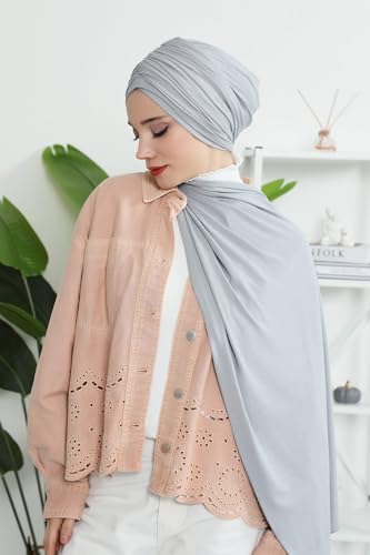 Aisha's Design Instant Hijab Scarves for Women, 95% Cotton Pretied Bonnet Turban Easy to Wear Cotton Headscarf - color: Light Grey