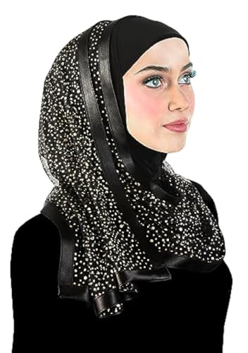 Stylish Mona Hijab Women's Black Kuwaiti with Chiffon Wrap Shawl & Satin Trim - color: Black With Gold Dots