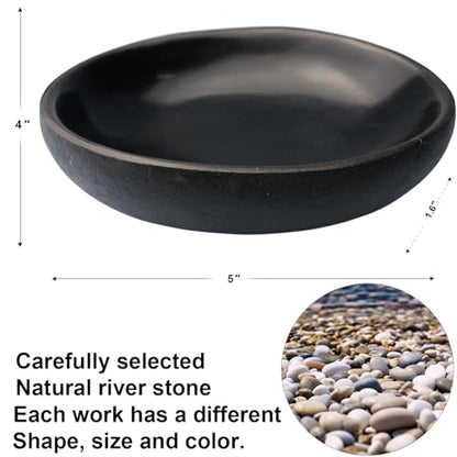 Natural River Stone Reptile Food Bowl - Handmade Pebble Dish for Reptiles, Amphibians, Hedgehogs, and Small Pets - Unique Size, Shape & Color - Water & Food Bowl (Black)