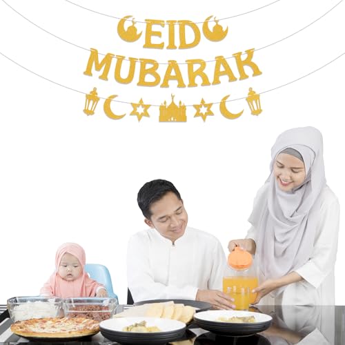 Gold Glitter Eid Mubarak Banner and Garland Set, Pre-Assembled Islamic Party Decor with Mosque Lantern Moon Star for Eid al-Fitr Home Wall Festival Decorations