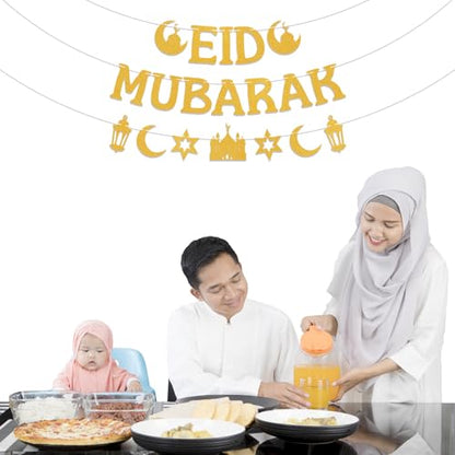 Gold Glitter Eid Mubarak Banner and Garland Set, Pre-Assembled Islamic Party Decor with Mosque Lantern Moon Star for Eid al-Fitr Home Wall Festival Decorations