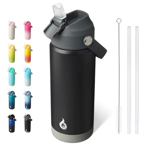 BJPKPK 18oz Insulated Water Bottle, Stainless Steel Bottle with Straw Lid - color: Black, size: 18 Ounces