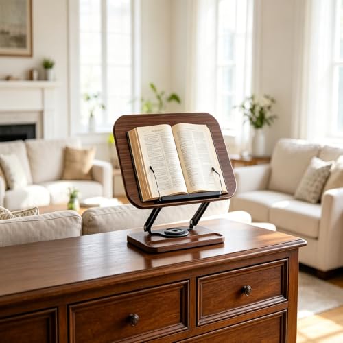 Book Stand for Desk, 360° Rotating Cookbook Holder for Hands-Free Reading Recipe Book Holder with Page Clips, Adjustable Height for Textbooks, Comics, Sheet Music - style: Book Stand(Walnut Finish)