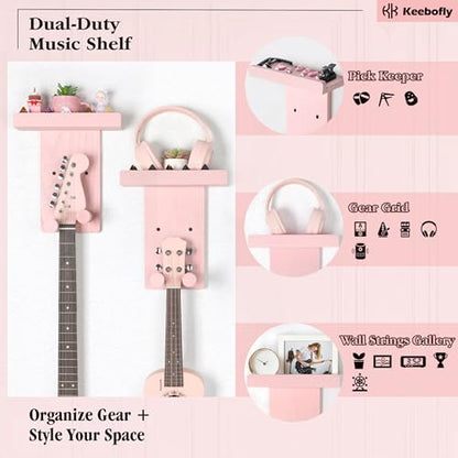 Keebofly 2-Pack Guitar Wall Mount Hanger with Shelf & Pick Holder - Wood Wall Hook for Acoustic, Electric, Bass Guitars, Ukulele (Screw-Mounted, Pink) [Patented] - color: 2 Pack_Pink
